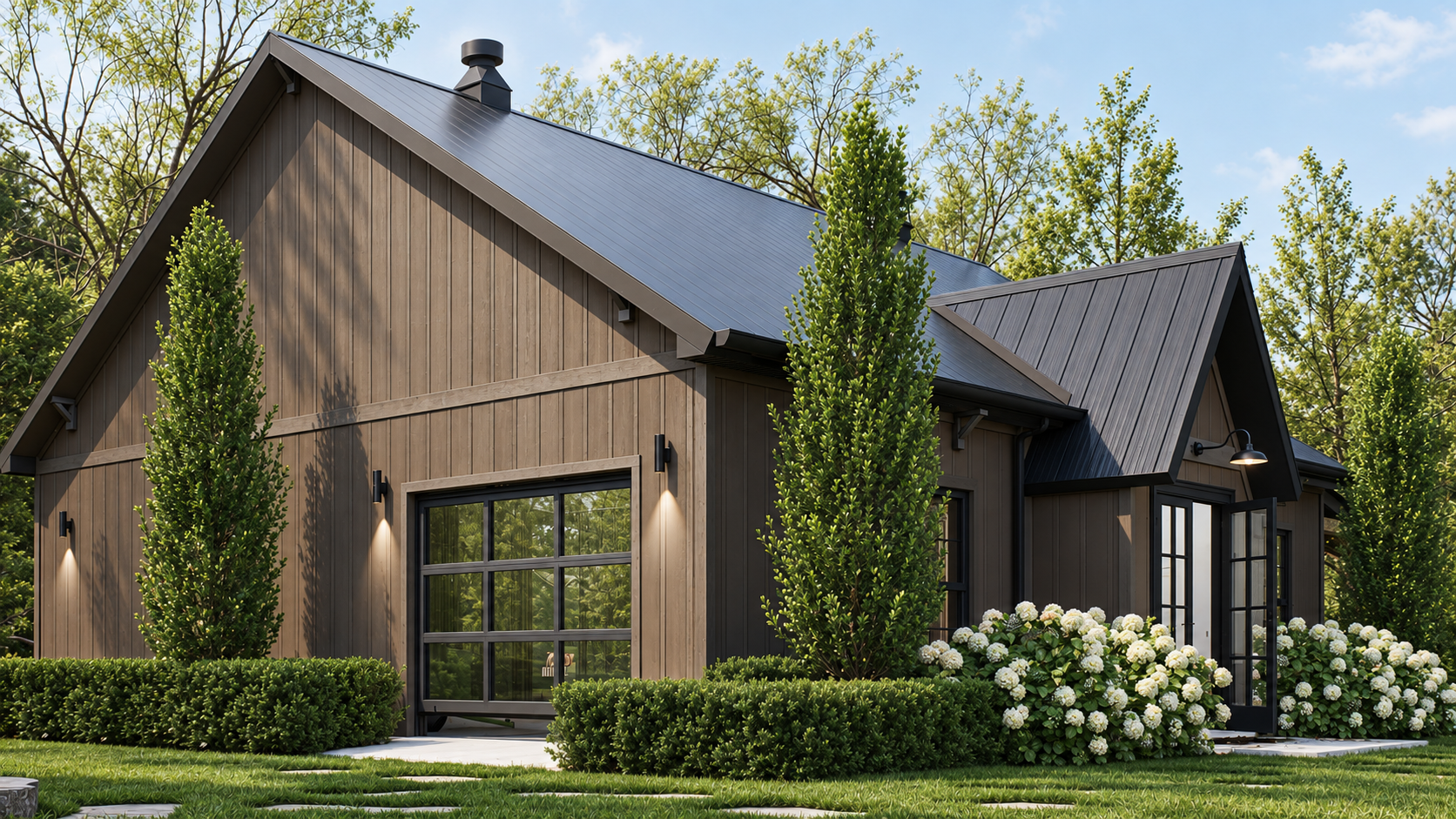 Architectural rendering of a timber-clad barn with hedges and white hydrangeas