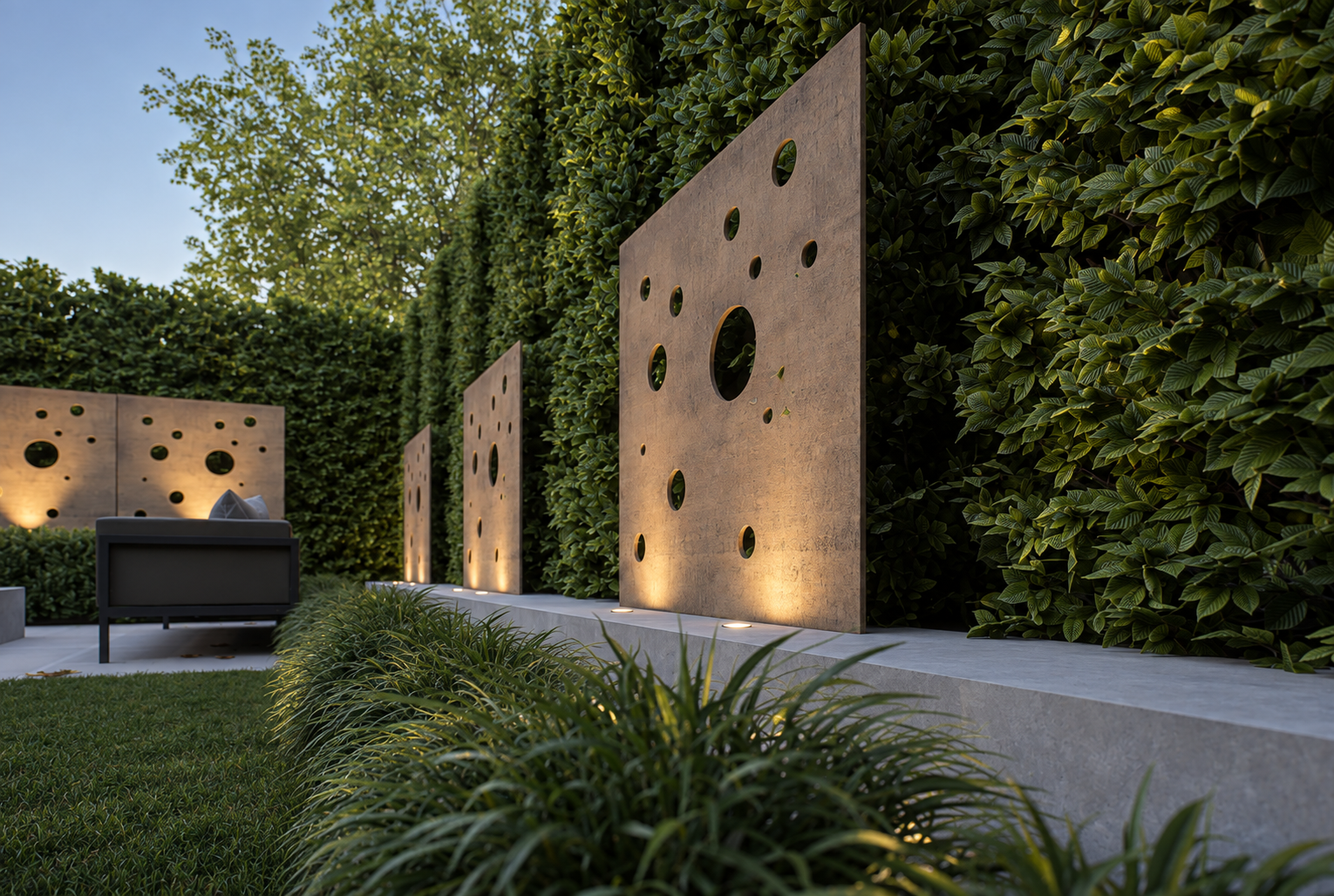 Garden rendering with perforated panels, clipped hedging and ornamental grasses