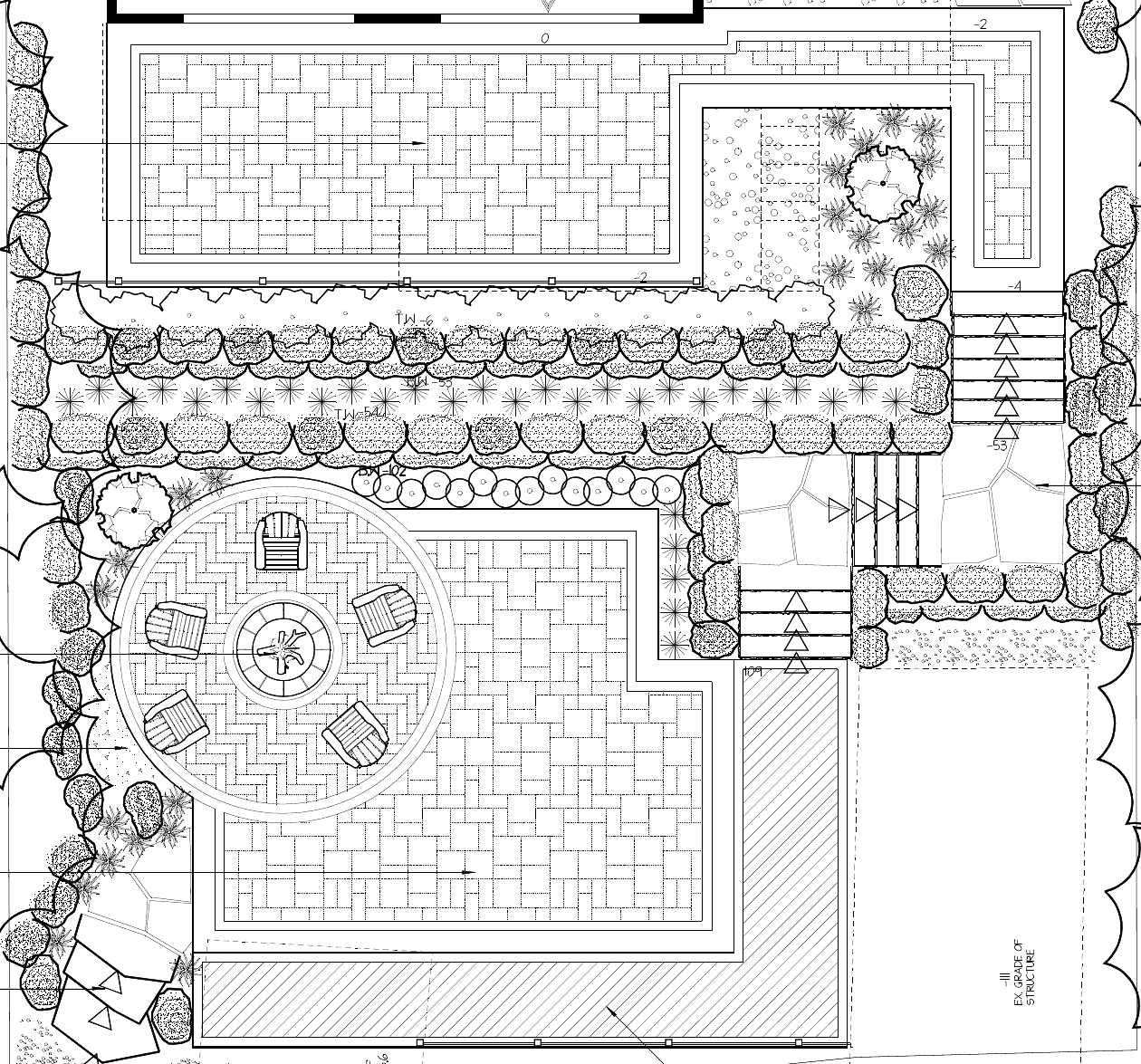 Landscape plan detail showing terraced patios, a circular fire-pit seating area, stone steps and planting beds